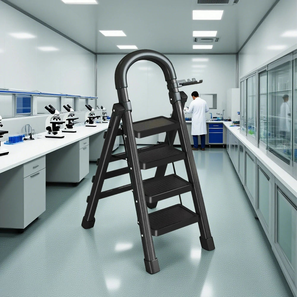 GROVIA 4/5/6 Step Carbon Alloy Steel Folding Ladder, Extra-Wide 27cm Pedals, Tool Tray, Anti-Slip Feet, Heavy-Duty Design - Black