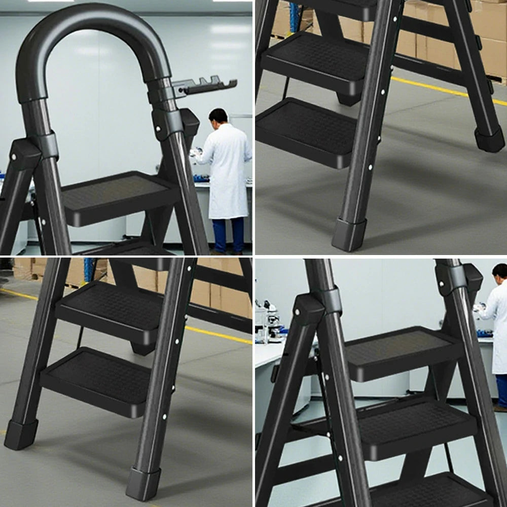 GROVIA 4/5/6 Step Carbon Alloy Steel Folding Ladder, Extra-Wide 27cm Pedals, Tool Tray, Anti-Slip Feet, Heavy-Duty Design - Black