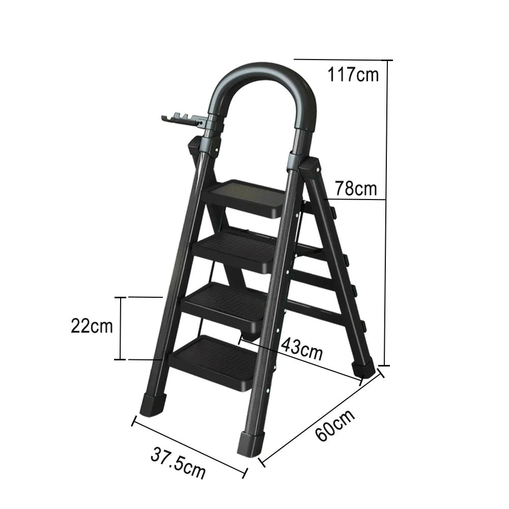 GROVIA 4/5/6 Step Carbon Alloy Steel Folding Ladder, Extra-Wide 27cm Pedals, Tool Tray, Anti-Slip Feet, Heavy-Duty Design - Black