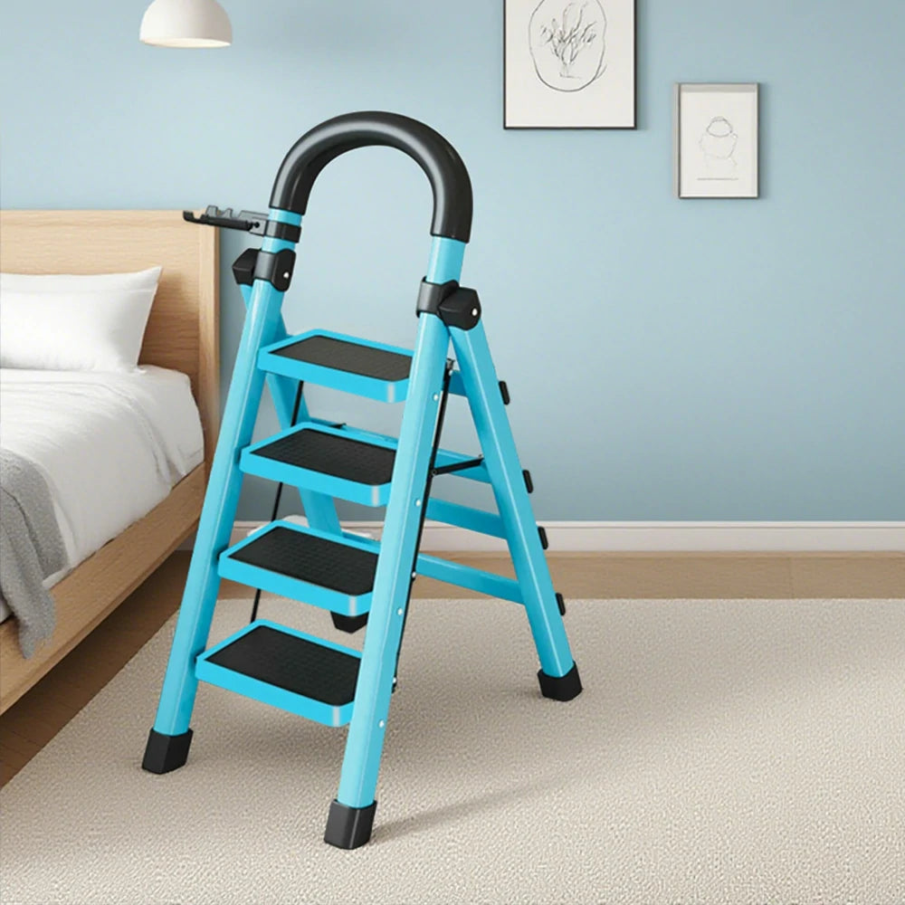 GROVIA 4/5/6 Step Carbon Alloy Steel Folding Ladder, Extra-Wide 27cm Pedals, Tool Tray, Anti-Slip Feet, Heavy-Duty Design - Blue