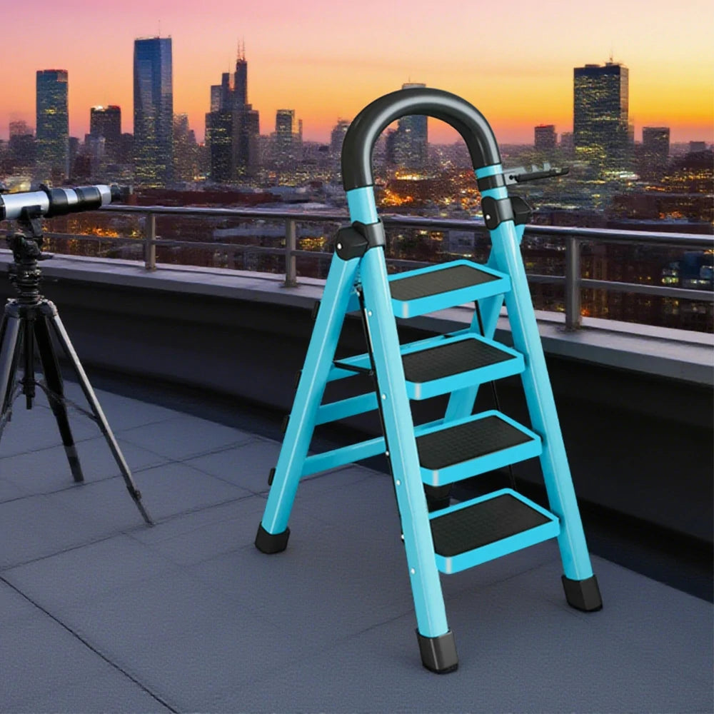 GROVIA 4/5/6 Step Carbon Alloy Steel Folding Ladder, Extra-Wide 27cm Pedals, Tool Tray, Anti-Slip Feet, Heavy-Duty Design - Blue