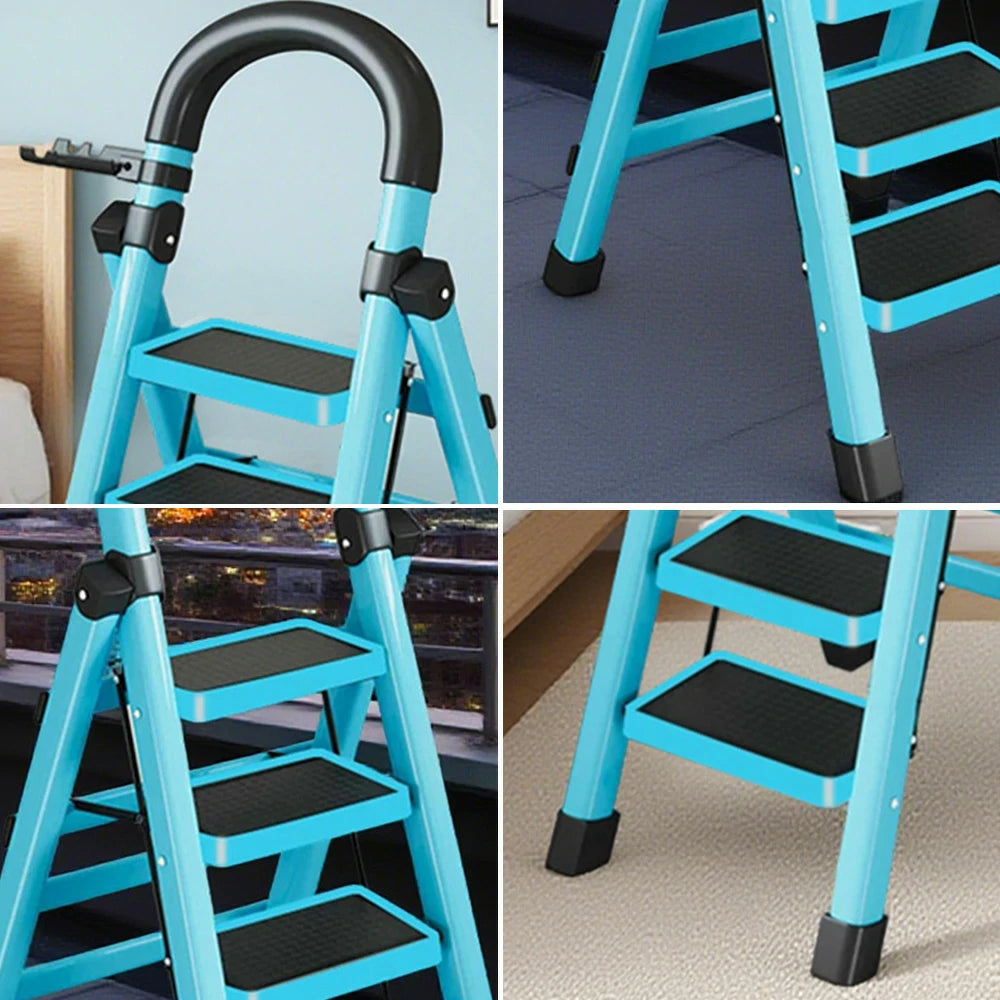 GROVIA 4/5/6 Step Carbon Alloy Steel Folding Ladder, Extra-Wide 27cm Pedals, Tool Tray, Anti-Slip Feet, Heavy-Duty Design - Blue