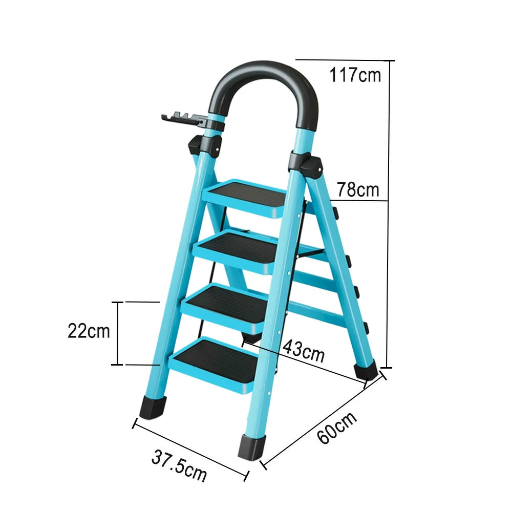 GROVIA 4/5/6 Step Carbon Alloy Steel Folding Ladder, Extra-Wide 27cm Pedals, Tool Tray, Anti-Slip Feet, Heavy-Duty Design - Blue