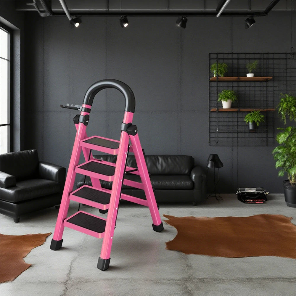 GROVIA 4/5/6 Step Carbon Alloy Steel Folding Ladder, Extra-Wide 27cm Pedals, Tool Tray, Anti-Slip Feet, Heavy-Duty Design - Pink