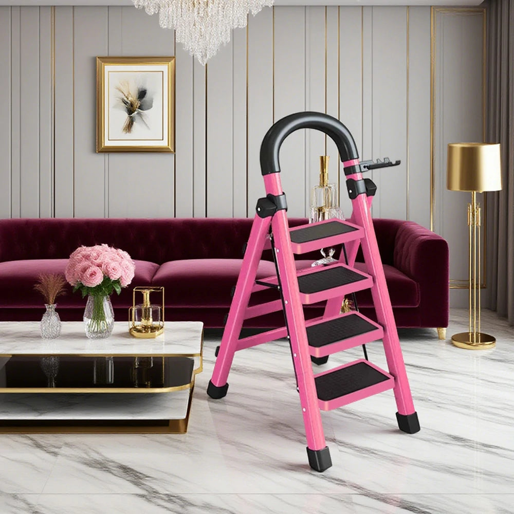 GROVIA 4/5/6 Step Carbon Alloy Steel Folding Ladder, Extra-Wide 27cm Pedals, Tool Tray, Anti-Slip Feet, Heavy-Duty Design - Pink