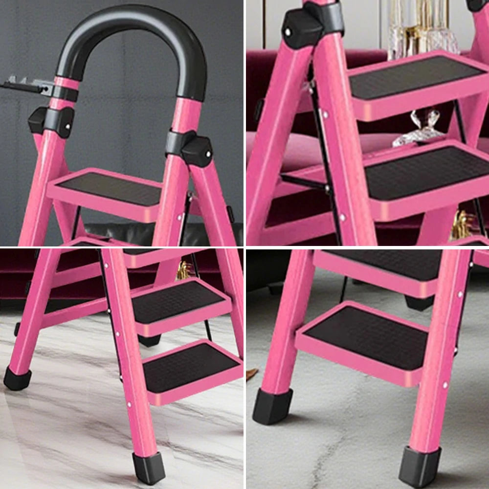 GROVIA 4/5/6 Step Carbon Alloy Steel Folding Ladder, Extra-Wide 27cm Pedals, Tool Tray, Anti-Slip Feet, Heavy-Duty Design - Pink