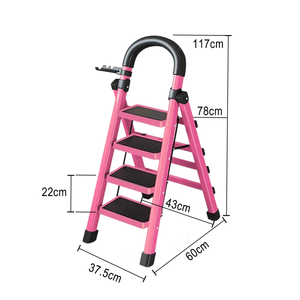 GROVIA 4/5/6 Step Carbon Alloy Steel Folding Ladder, Extra-Wide 27cm Pedals, Tool Tray, Anti-Slip Feet, Heavy-Duty Design - Pink