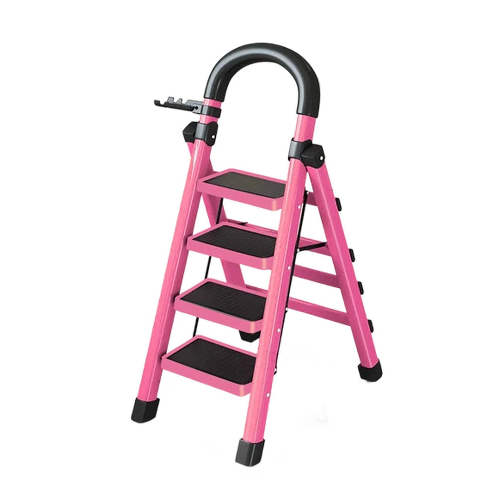 GROVIA 4/5/6 Step Carbon Alloy Steel Folding Ladder, Extra-Wide 27cm Pedals, Tool Tray, Anti-Slip Feet, Heavy-Duty Design - Pink