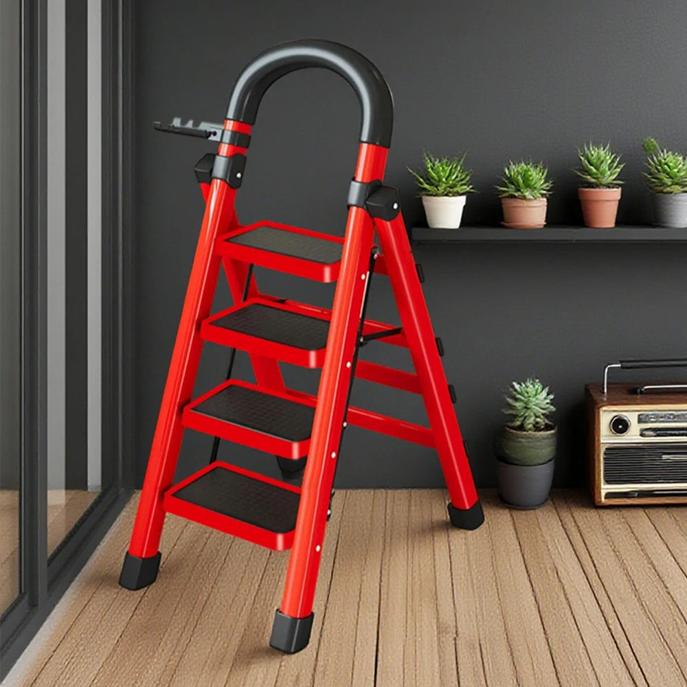 GROVIA 4/5/6 Step Carbon Alloy Steel Folding Ladder, Extra-Wide 27cm Pedals, Tool Tray, Anti-Slip Feet, Heavy-Duty Design - Red