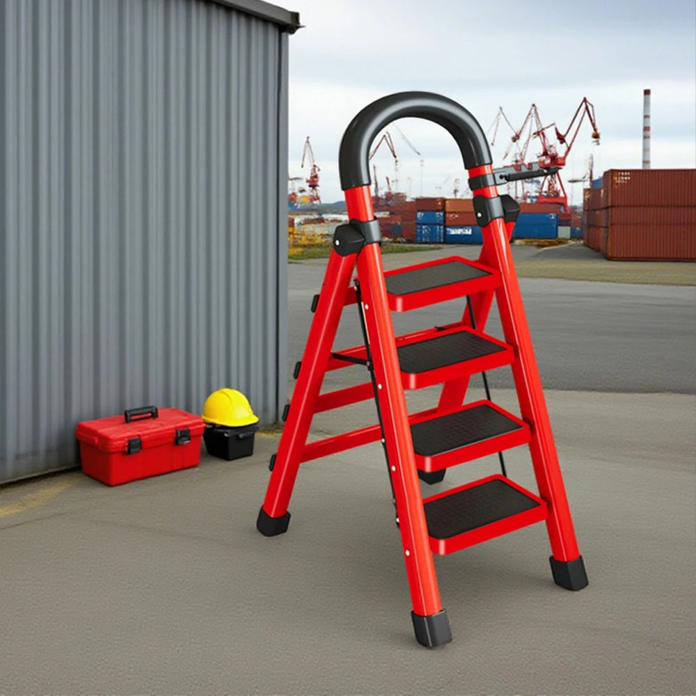 GROVIA 4/5/6 Step Carbon Alloy Steel Folding Ladder, Extra-Wide 27cm Pedals, Tool Tray, Anti-Slip Feet, Heavy-Duty Design - Red