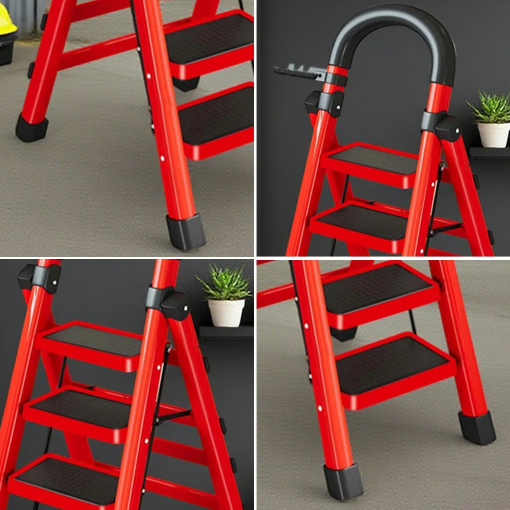 GROVIA 4/5/6 Step Carbon Alloy Steel Folding Ladder, Extra-Wide 27cm Pedals, Tool Tray, Anti-Slip Feet, Heavy-Duty Design - Red