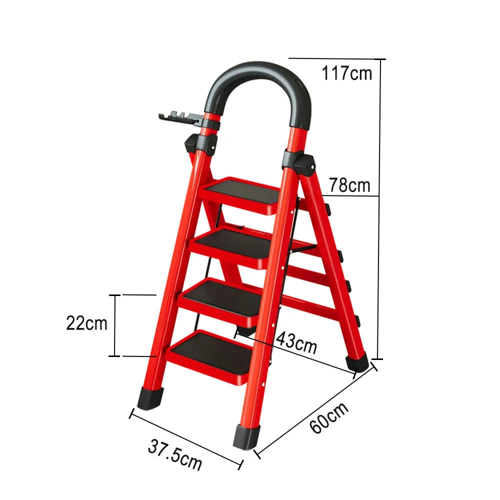 GROVIA 4/5/6 Step Carbon Alloy Steel Folding Ladder, Extra-Wide 27cm Pedals, Tool Tray, Anti-Slip Feet, Heavy-Duty Design - Red