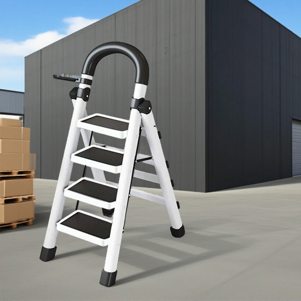 GROVIA 4/5/6 Step Carbon Alloy Steel Folding Ladder, Extra-Wide 27cm Pedals, Tool Tray, Anti-Slip Feet, Heavy-Duty Design - White