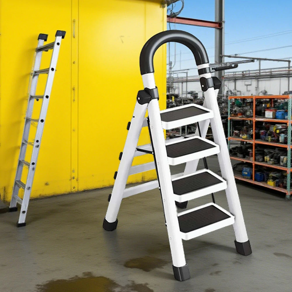 GROVIA 4/5/6 Step Carbon Alloy Steel Folding Ladder, Extra-Wide 27cm Pedals, Tool Tray, Anti-Slip Feet, Heavy-Duty Design - White