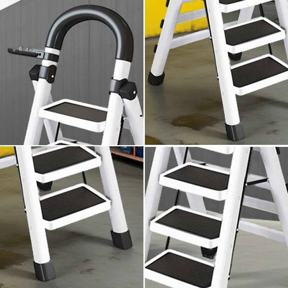 GROVIA 4/5/6 Step Carbon Alloy Steel Folding Ladder, Extra-Wide 27cm Pedals, Tool Tray, Anti-Slip Feet, Heavy-Duty Design - White