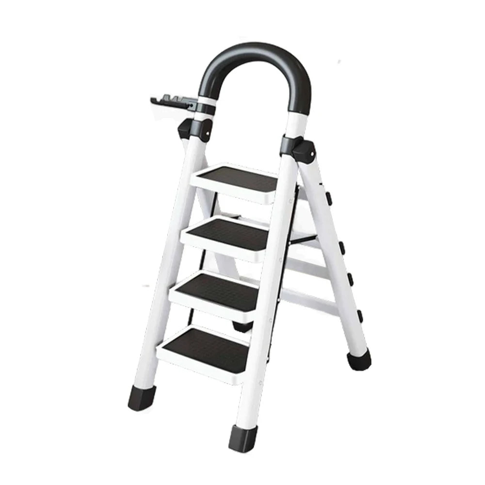GROVIA 4/5/6 Step Carbon Alloy Steel Folding Ladder, Extra-Wide 27cm Pedals, Tool Tray, Anti-Slip Feet, Heavy-Duty Design - White