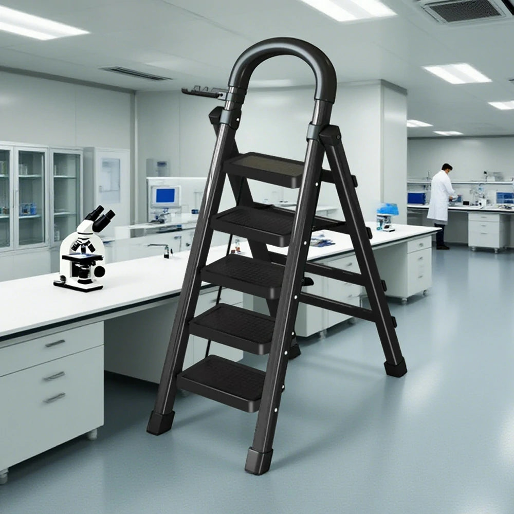 GROVIA 4/5/6 Step Carbon Alloy Steel Folding Ladder, Extra-Wide 27cm Pedals, Tool Tray, Anti-Slip Feet, Heavy-Duty Design - Black