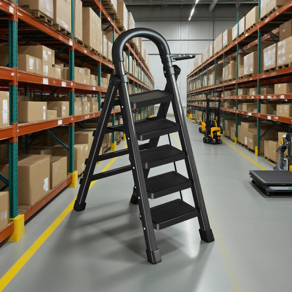 GROVIA 4/5/6 Step Carbon Alloy Steel Folding Ladder, Extra-Wide 27cm Pedals, Tool Tray, Anti-Slip Feet, Heavy-Duty Design - Black