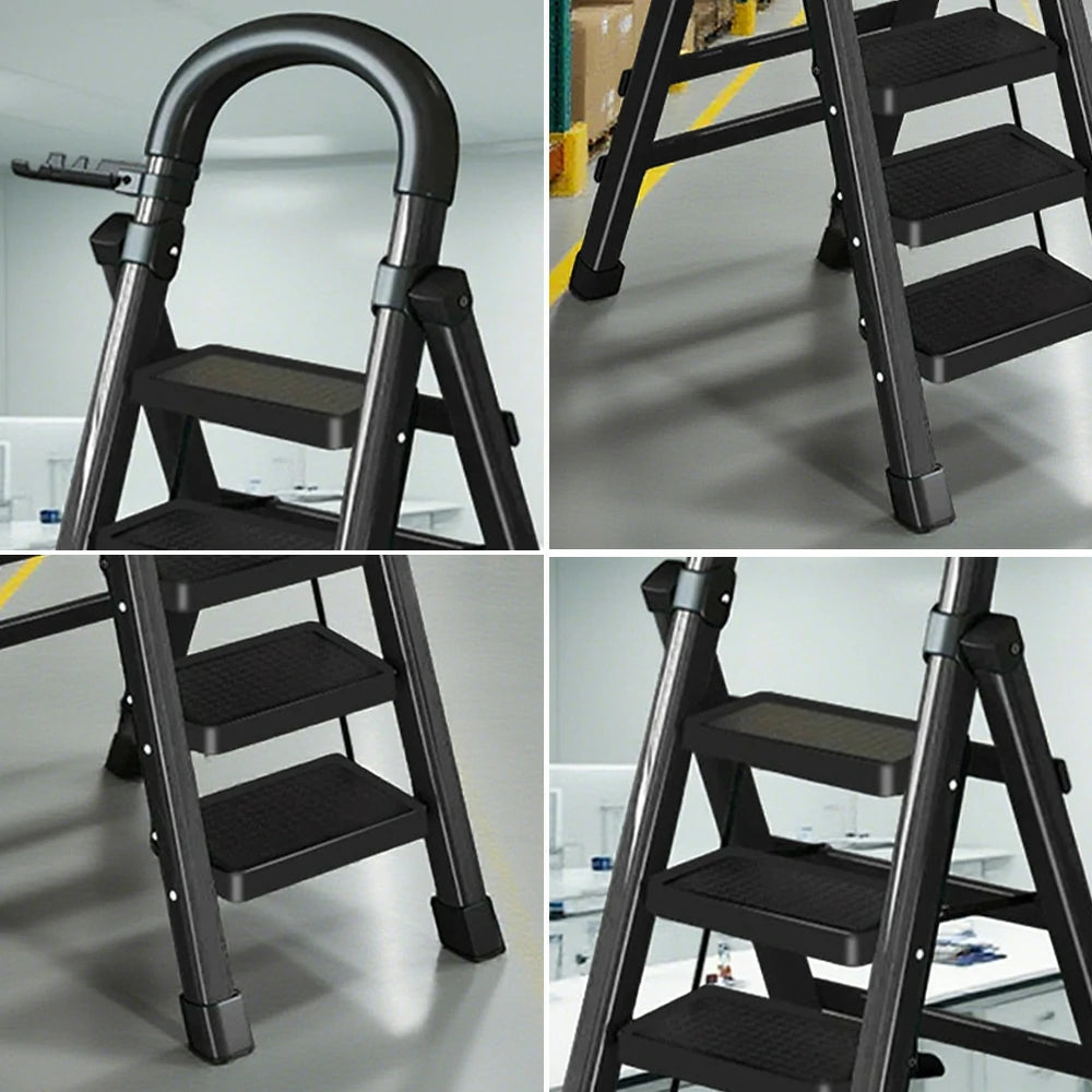 GROVIA 4/5/6 Step Carbon Alloy Steel Folding Ladder, Extra-Wide 27cm Pedals, Tool Tray, Anti-Slip Feet, Heavy-Duty Design - Black