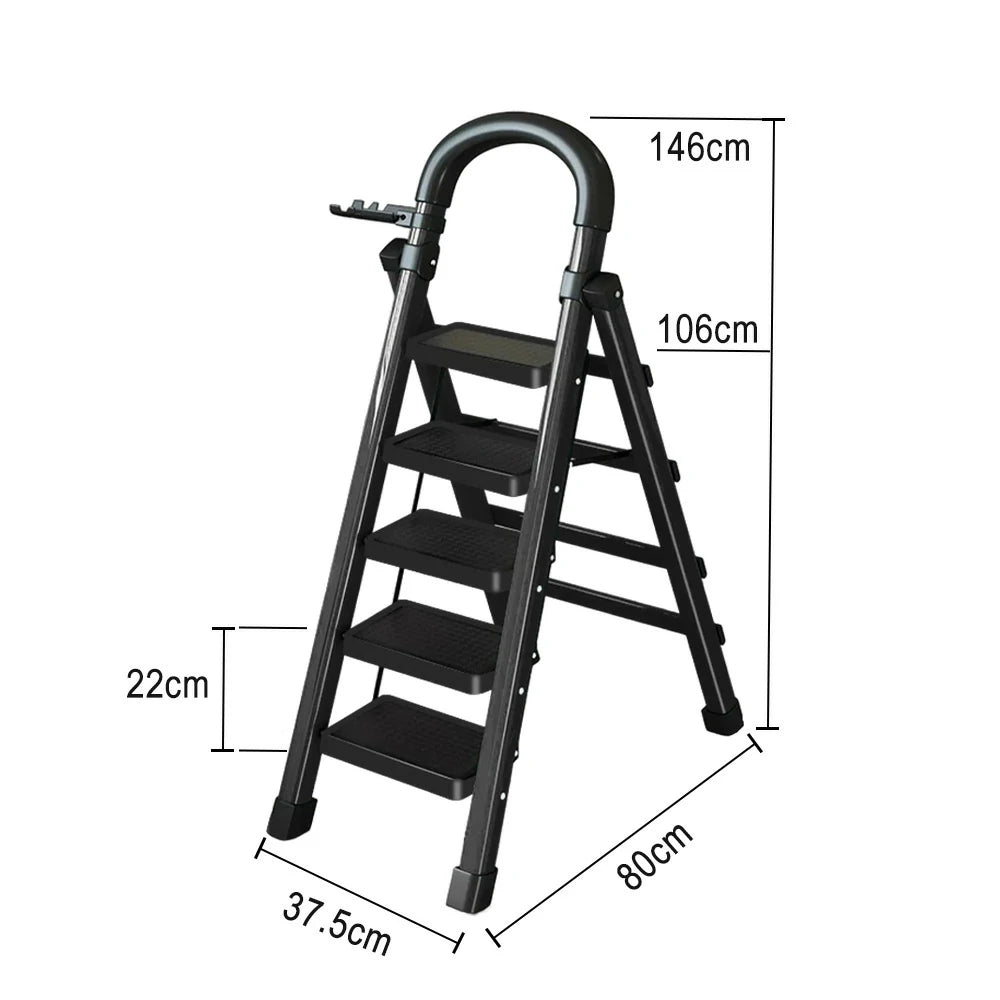 GROVIA 4/5/6 Step Carbon Alloy Steel Folding Ladder, Extra-Wide 27cm Pedals, Tool Tray, Anti-Slip Feet, Heavy-Duty Design - Black