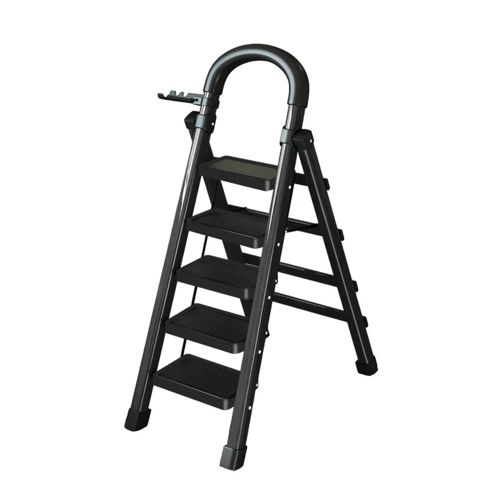 GROVIA 4/5/6 Step Carbon Alloy Steel Folding Ladder, Extra-Wide 27cm Pedals, Tool Tray, Anti-Slip Feet, Heavy-Duty Design - Black