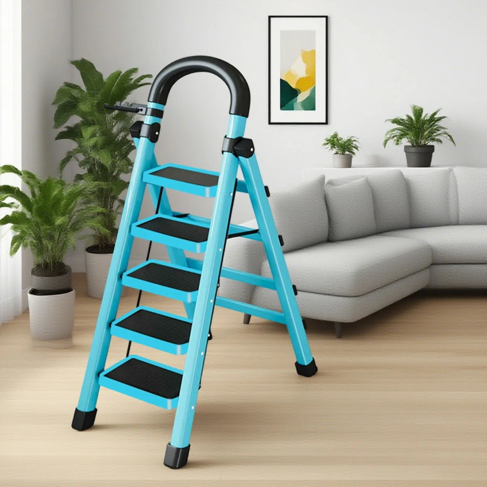 GROVIA 4/5/6 Step Carbon Alloy Steel Folding Ladder, Extra-Wide 27cm Pedals, Tool Tray, Anti-Slip Feet, Heavy-Duty Design - Blue