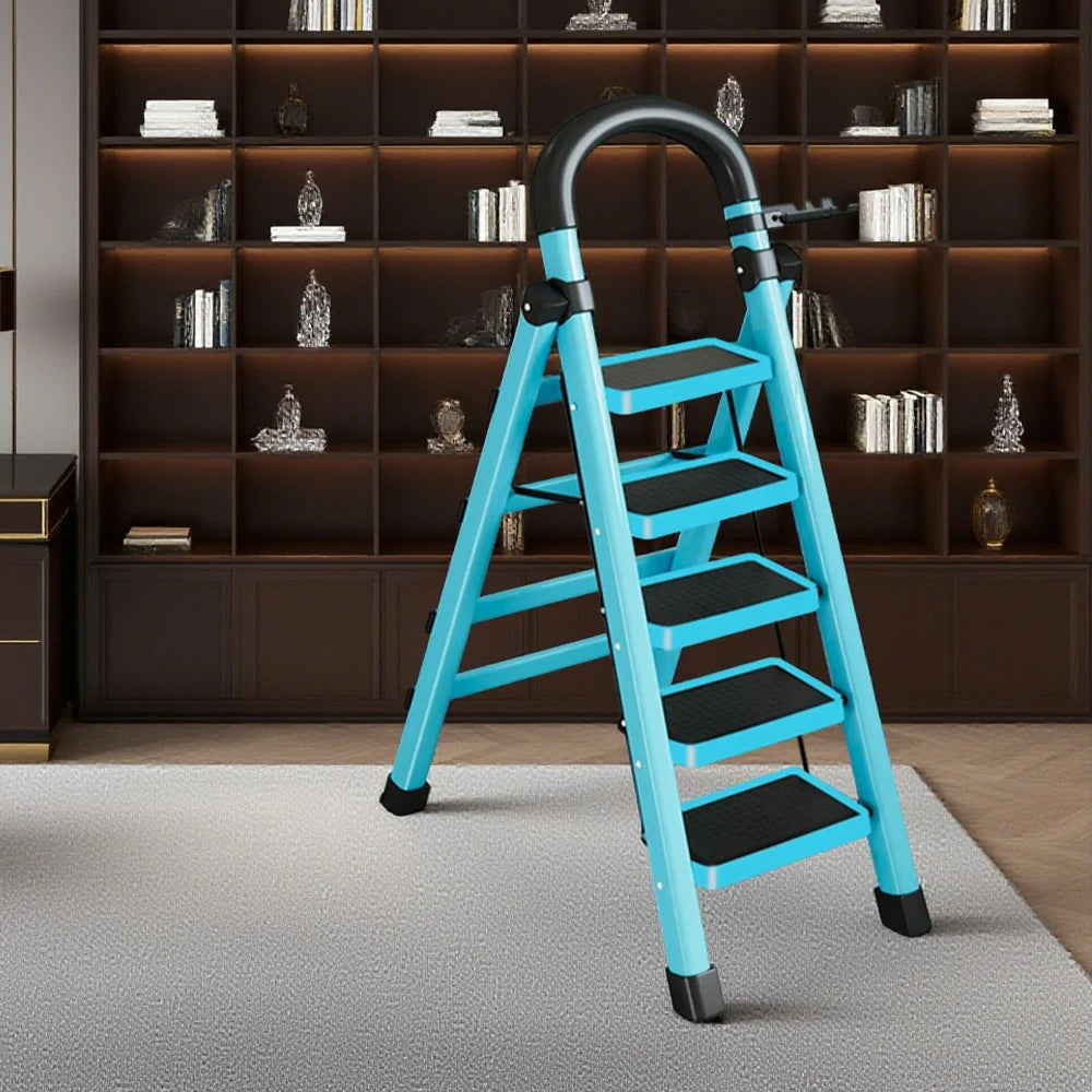 GROVIA 4/5/6 Step Carbon Alloy Steel Folding Ladder, Extra-Wide 27cm Pedals, Tool Tray, Anti-Slip Feet, Heavy-Duty Design - Blue