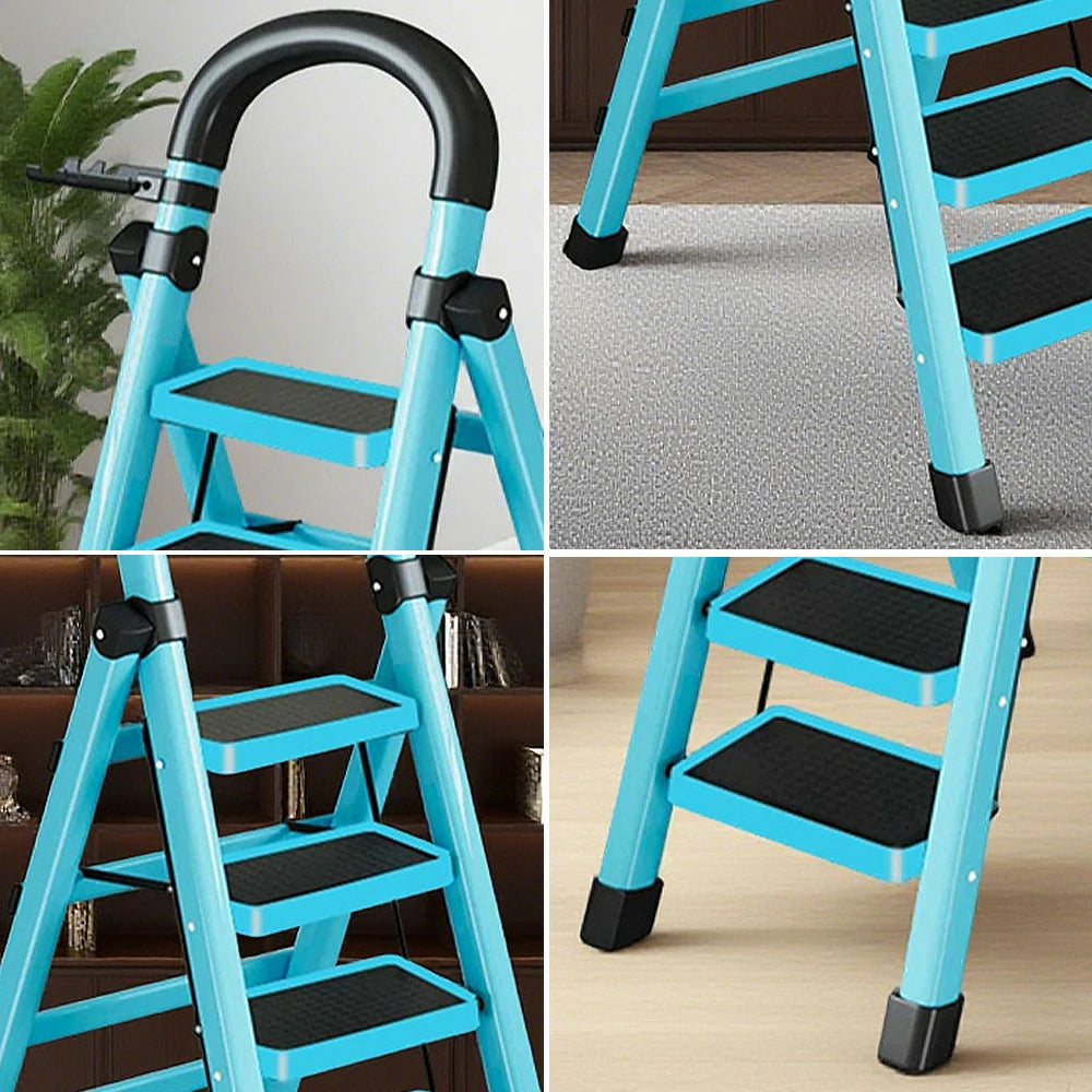 GROVIA 4/5/6 Step Carbon Alloy Steel Folding Ladder, Extra-Wide 27cm Pedals, Tool Tray, Anti-Slip Feet, Heavy-Duty Design - Blue