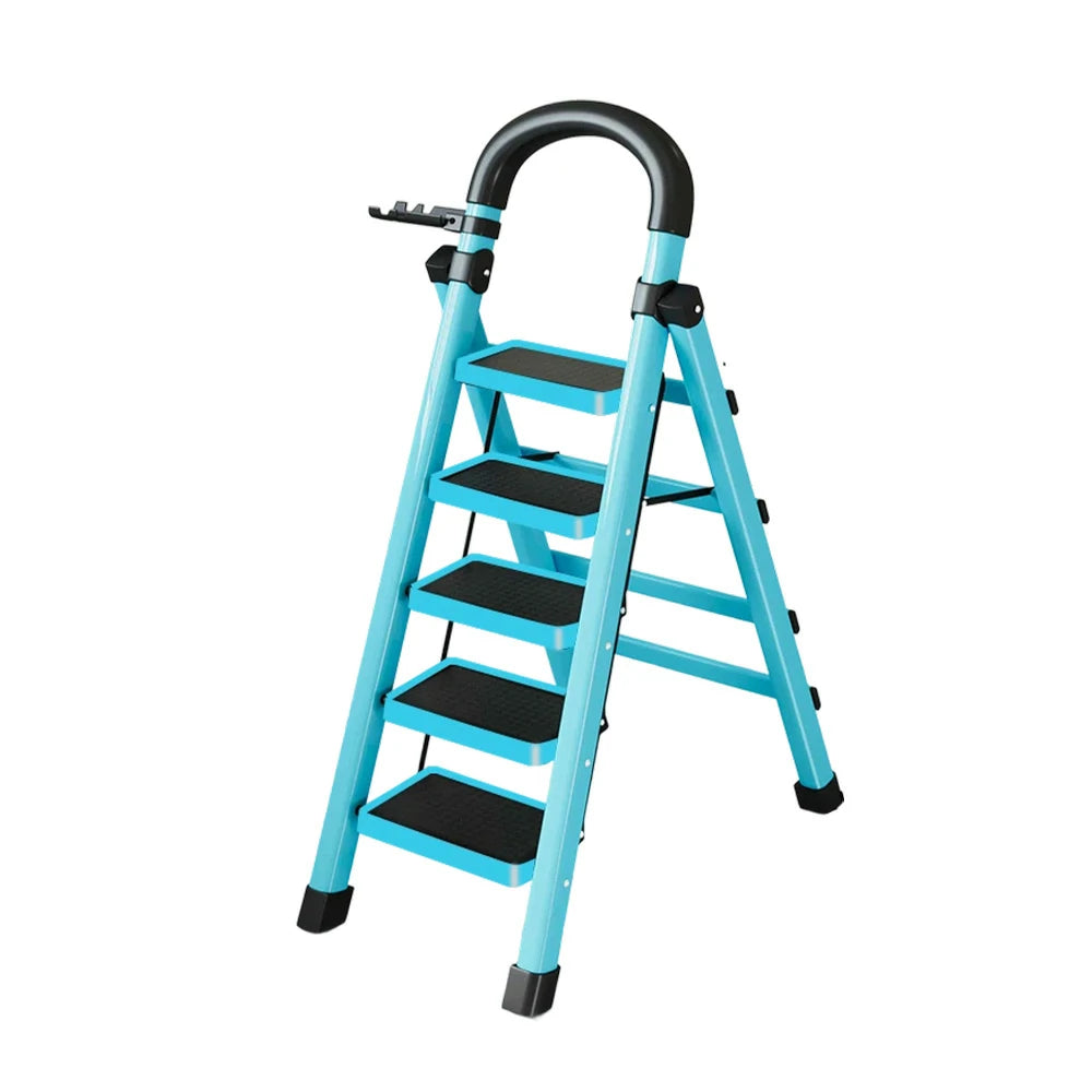 GROVIA 4/5/6 Step Carbon Alloy Steel Folding Ladder, Extra-Wide 27cm Pedals, Tool Tray, Anti-Slip Feet, Heavy-Duty Design - Blue