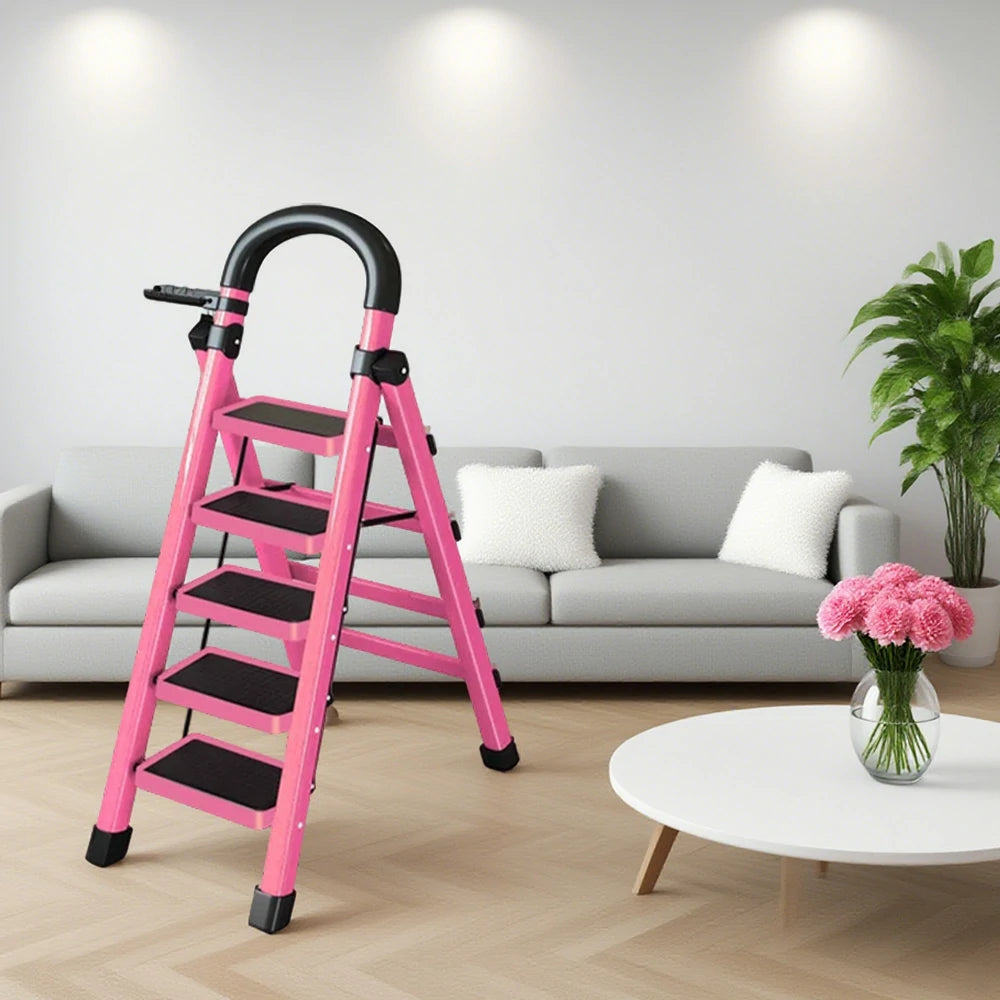 GROVIA 4/5/6 Step Carbon Alloy Steel Folding Ladder, Extra-Wide 27cm Pedals, Tool Tray, Anti-Slip Feet, Heavy-Duty Design - Pink