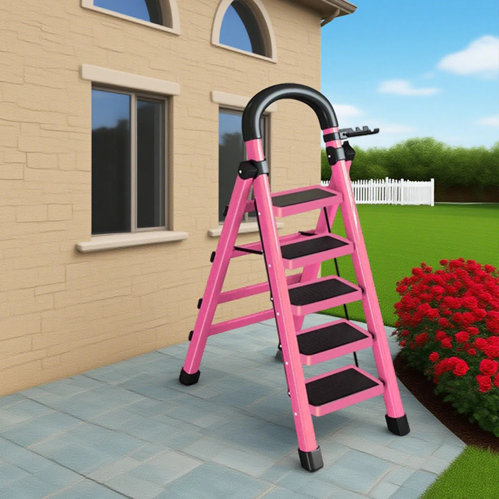 GROVIA 4/5/6 Step Carbon Alloy Steel Folding Ladder, Extra-Wide 27cm Pedals, Tool Tray, Anti-Slip Feet, Heavy-Duty Design - Pink