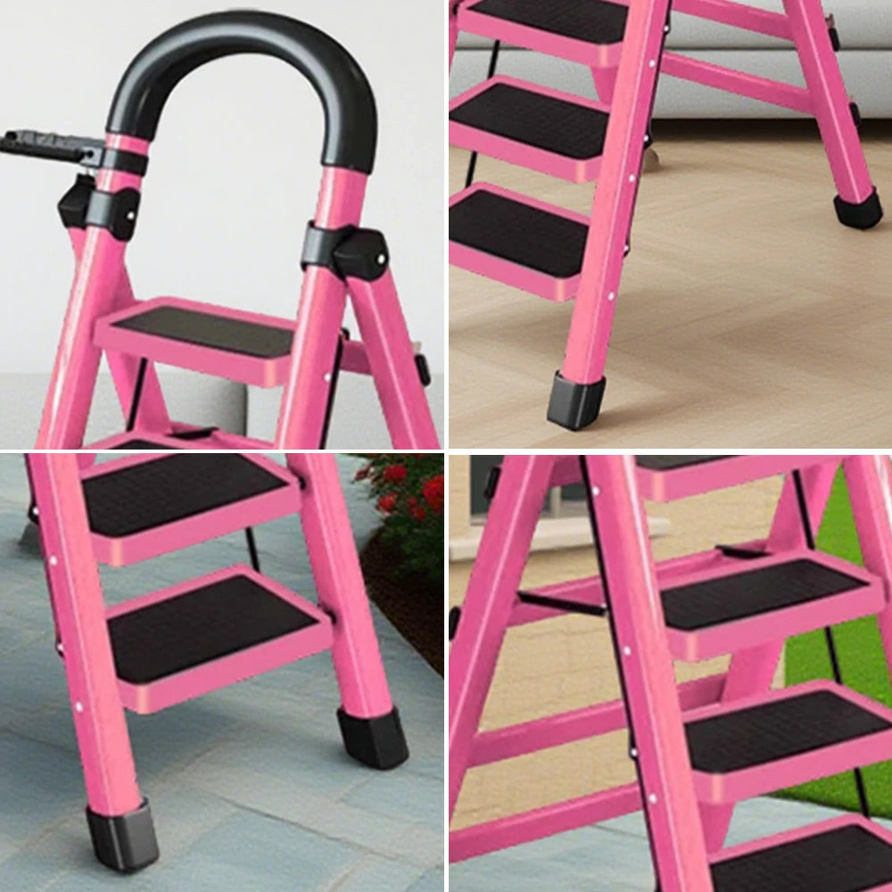 GROVIA 4/5/6 Step Carbon Alloy Steel Folding Ladder, Extra-Wide 27cm Pedals, Tool Tray, Anti-Slip Feet, Heavy-Duty Design - Pink