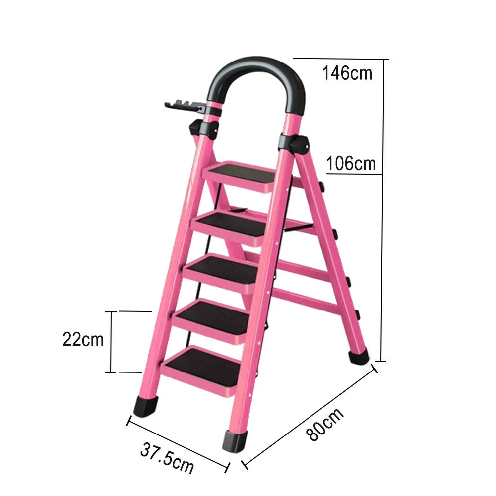 GROVIA 4/5/6 Step Carbon Alloy Steel Folding Ladder, Extra-Wide 27cm Pedals, Tool Tray, Anti-Slip Feet, Heavy-Duty Design - Pink