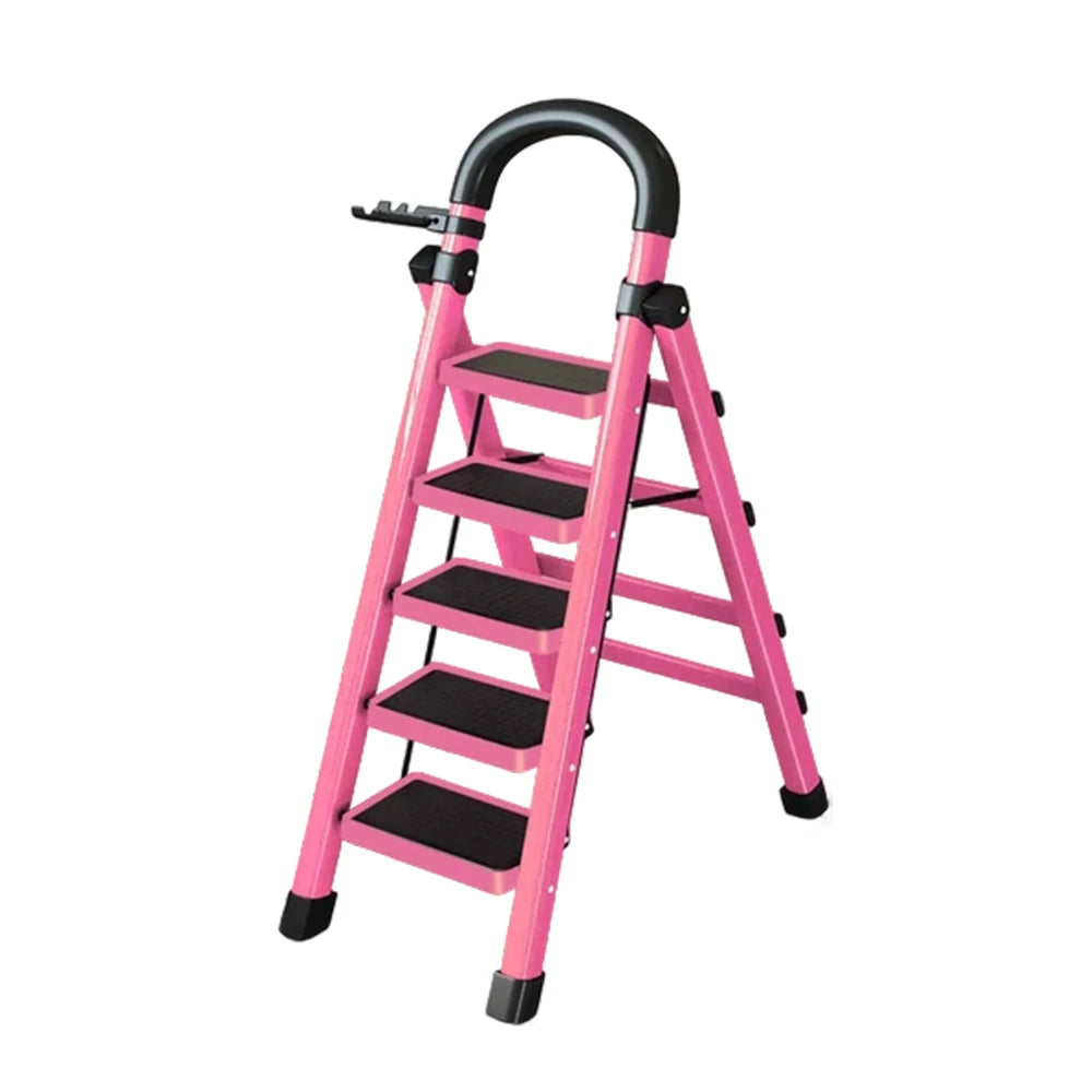 GROVIA 4/5/6 Step Carbon Alloy Steel Folding Ladder, Extra-Wide 27cm Pedals, Tool Tray, Anti-Slip Feet, Heavy-Duty Design - Pink