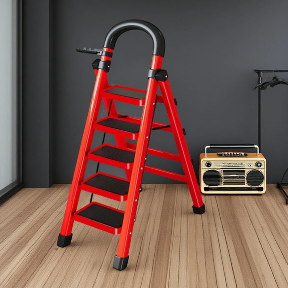 GROVIA 4/5/6 Step Carbon Alloy Steel Folding Ladder, Extra-Wide 27cm Pedals, Tool Tray, Anti-Slip Feet, Heavy-Duty Design - Red