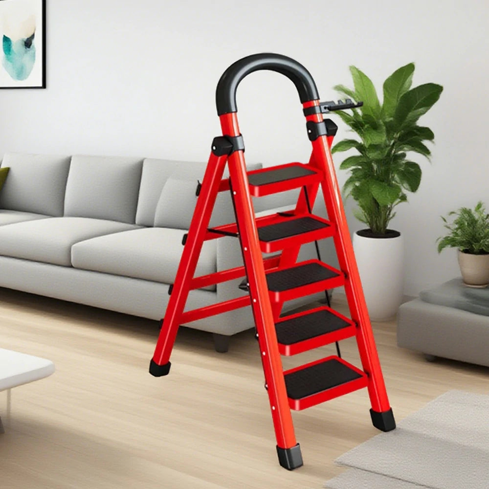 GROVIA 4/5/6 Step Carbon Alloy Steel Folding Ladder, Extra-Wide 27cm Pedals, Tool Tray, Anti-Slip Feet, Heavy-Duty Design - Red