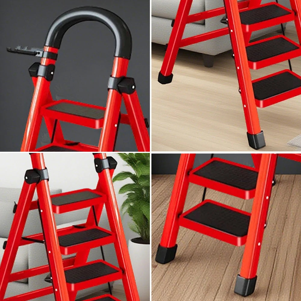 GROVIA 4/5/6 Step Carbon Alloy Steel Folding Ladder, Extra-Wide 27cm Pedals, Tool Tray, Anti-Slip Feet, Heavy-Duty Design - Red