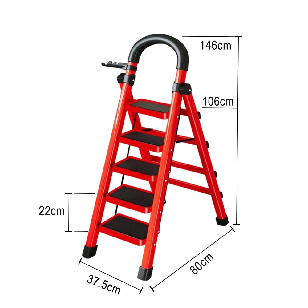GROVIA 4/5/6 Step Carbon Alloy Steel Folding Ladder, Extra-Wide 27cm Pedals, Tool Tray, Anti-Slip Feet, Heavy-Duty Design - Red