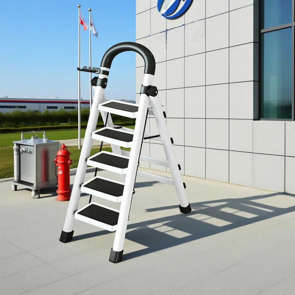 GROVIA 4/5/6 Step Carbon Alloy Steel Folding Ladder, Extra-Wide 27cm Pedals, Tool Tray, Anti-Slip Feet, Heavy-Duty Design - White