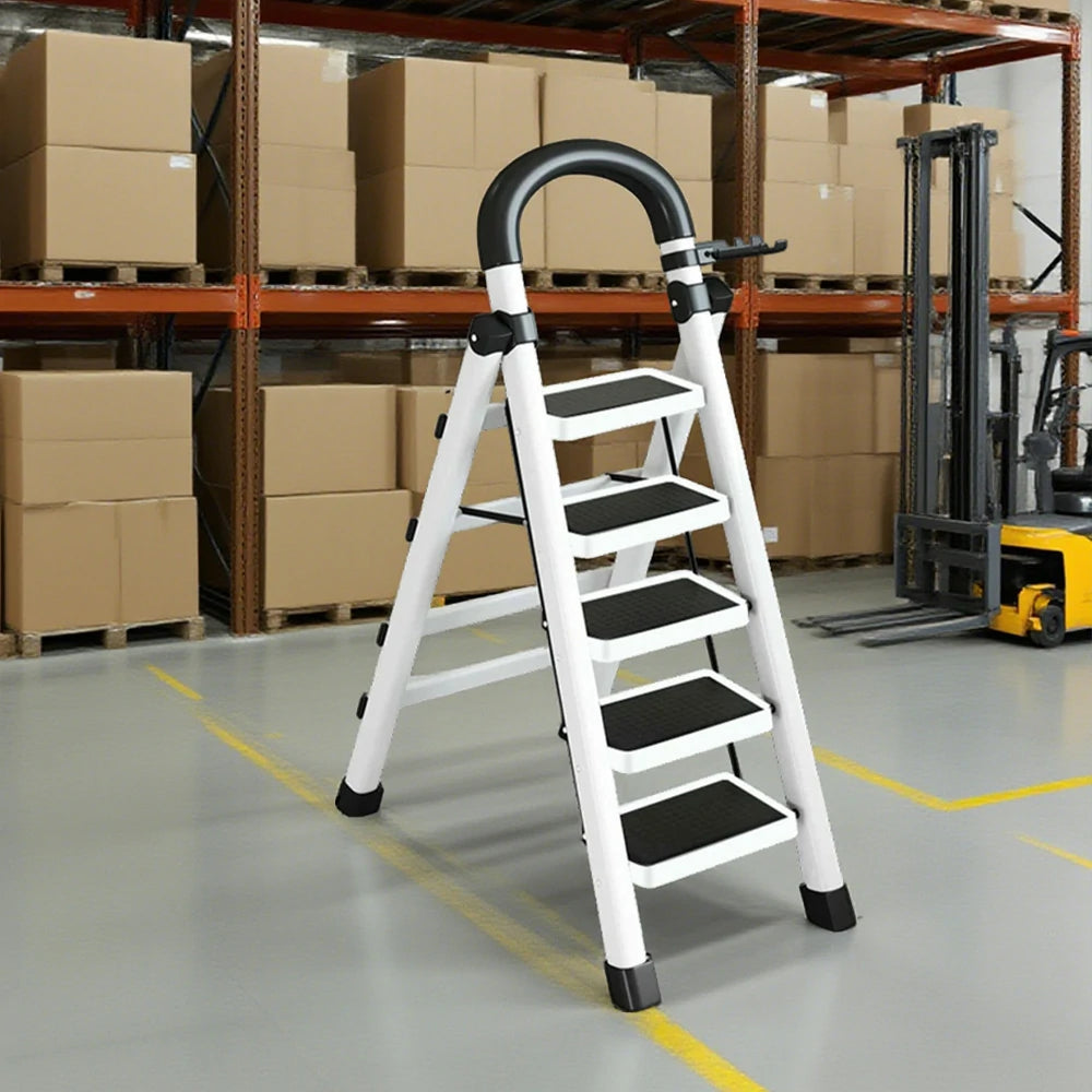 GROVIA 4/5/6 Step Carbon Alloy Steel Folding Ladder, Extra-Wide 27cm Pedals, Tool Tray, Anti-Slip Feet, Heavy-Duty Design - White