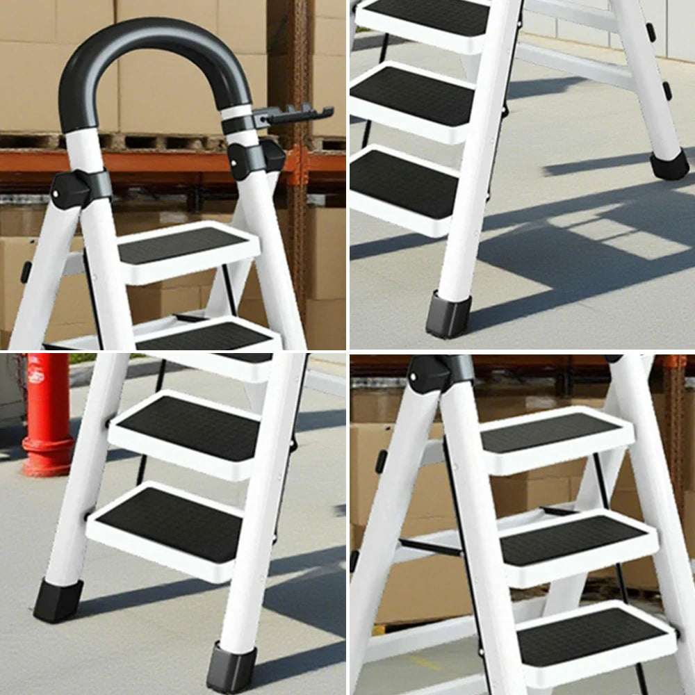 GROVIA 4/5/6 Step Carbon Alloy Steel Folding Ladder, Extra-Wide 27cm Pedals, Tool Tray, Anti-Slip Feet, Heavy-Duty Design - White