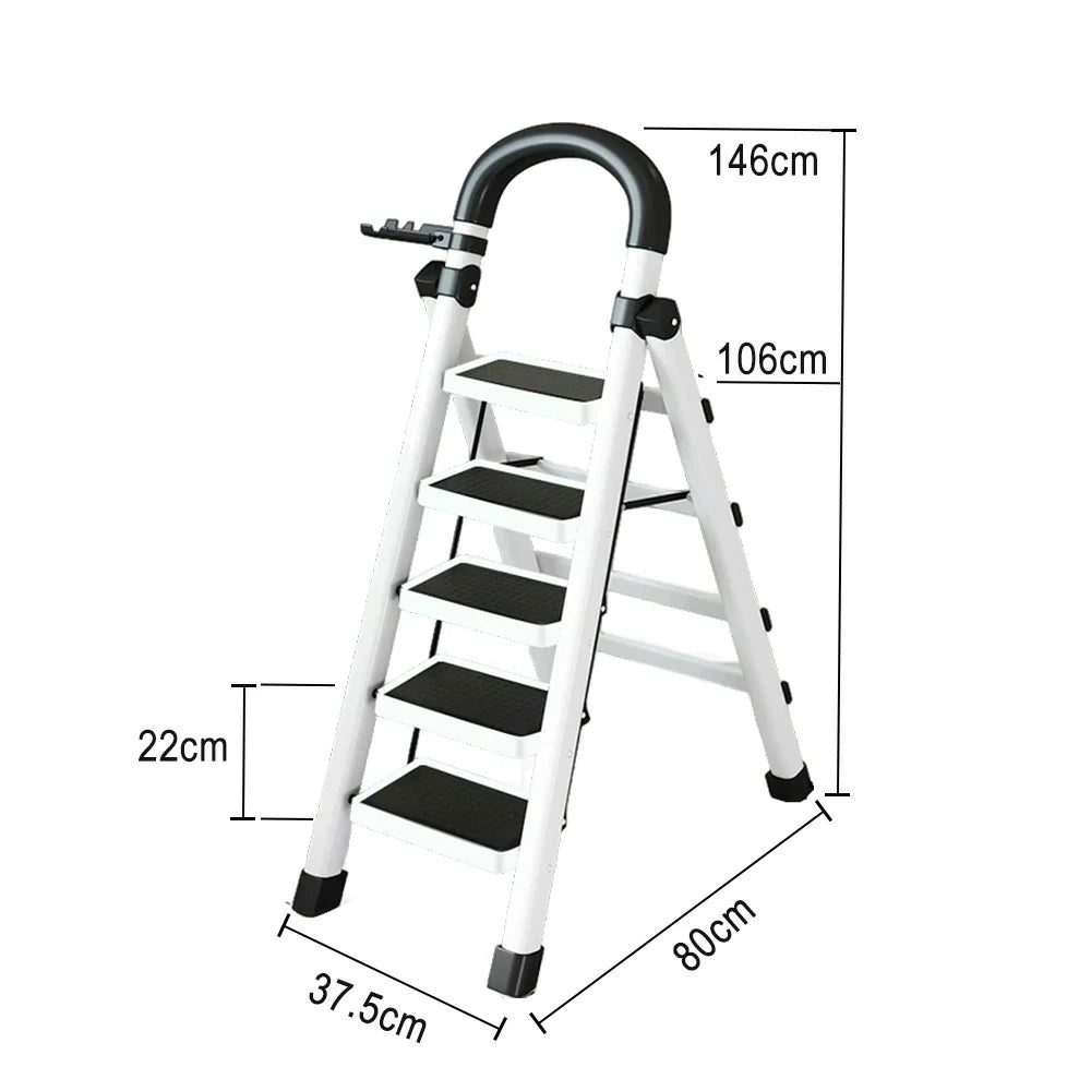 GROVIA 4/5/6 Step Carbon Alloy Steel Folding Ladder, Extra-Wide 27cm Pedals, Tool Tray, Anti-Slip Feet, Heavy-Duty Design - White