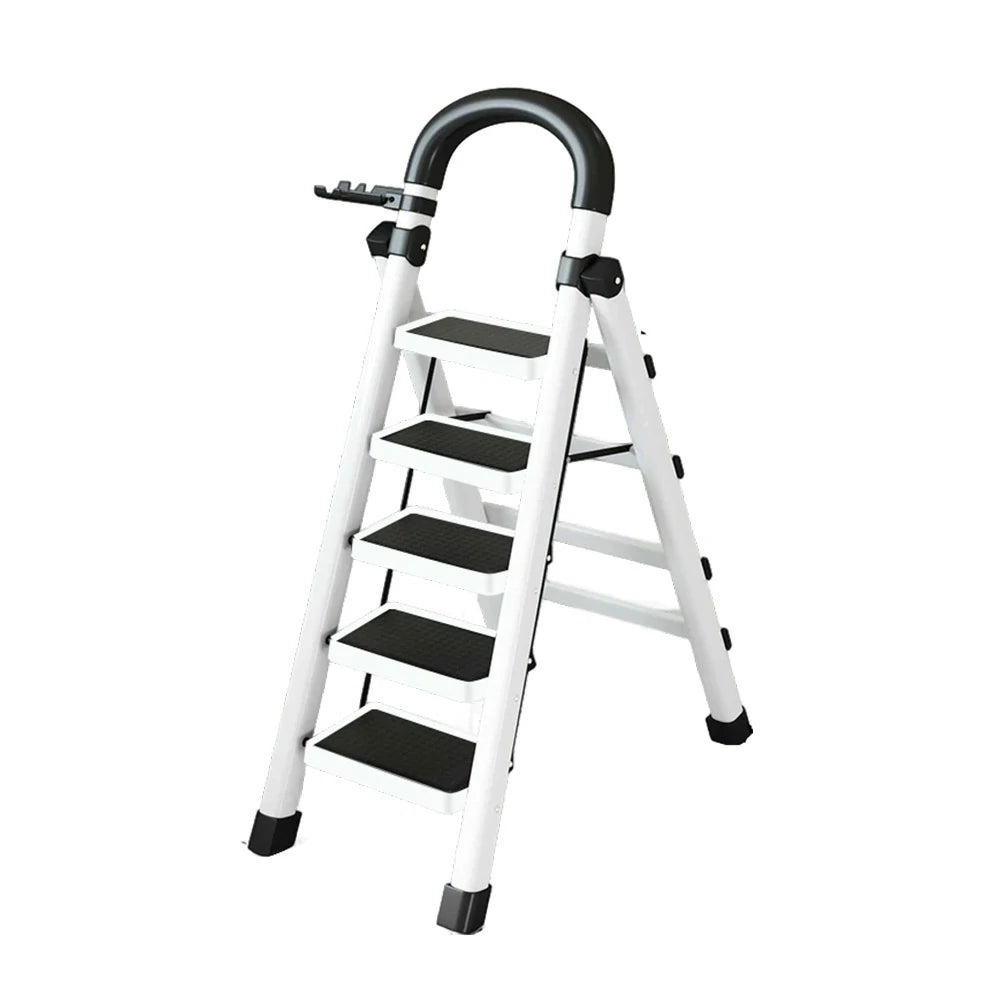 GROVIA 4/5/6 Step Carbon Alloy Steel Folding Ladder, Extra-Wide 27cm Pedals, Tool Tray, Anti-Slip Feet, Heavy-Duty Design - White