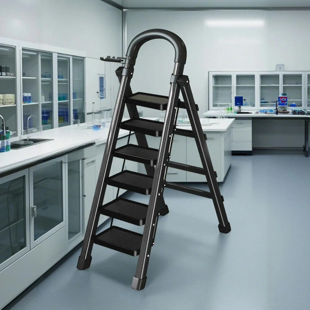 GROVIA 4/5/6 Step Carbon Alloy Steel Folding Ladder, Extra-Wide 27cm Pedals, Tool Tray, Anti-Slip Feet, Heavy-Duty Design - Black