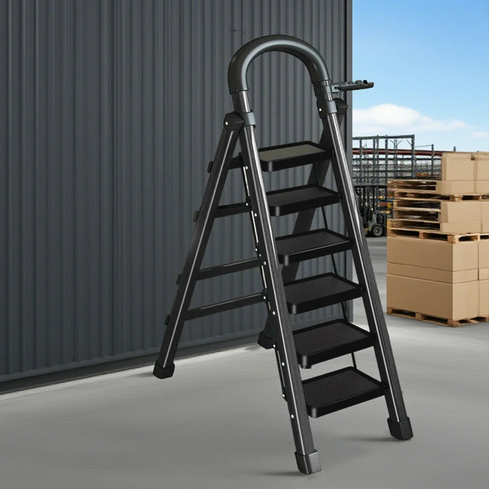 GROVIA 4/5/6 Step Carbon Alloy Steel Folding Ladder, Extra-Wide 27cm Pedals, Tool Tray, Anti-Slip Feet, Heavy-Duty Design - Black