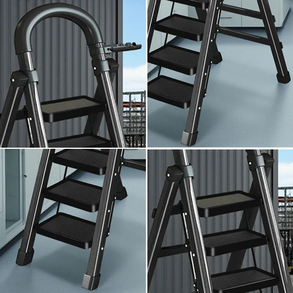 GROVIA 4/5/6 Step Carbon Alloy Steel Folding Ladder, Extra-Wide 27cm Pedals, Tool Tray, Anti-Slip Feet, Heavy-Duty Design - Black