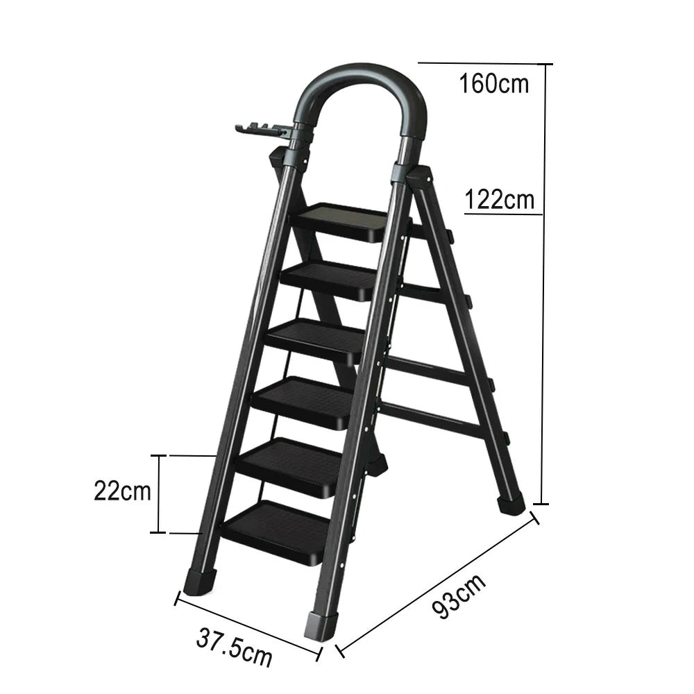 GROVIA 4/5/6 Step Carbon Alloy Steel Folding Ladder, Extra-Wide 27cm Pedals, Tool Tray, Anti-Slip Feet, Heavy-Duty Design - Black
