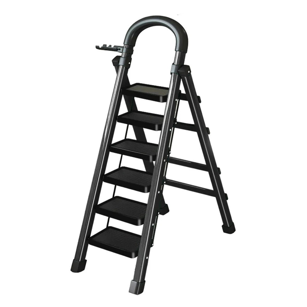GROVIA 4/5/6 Step Carbon Alloy Steel Folding Ladder, Extra-Wide 27cm Pedals, Tool Tray, Anti-Slip Feet, Heavy-Duty Design - Black