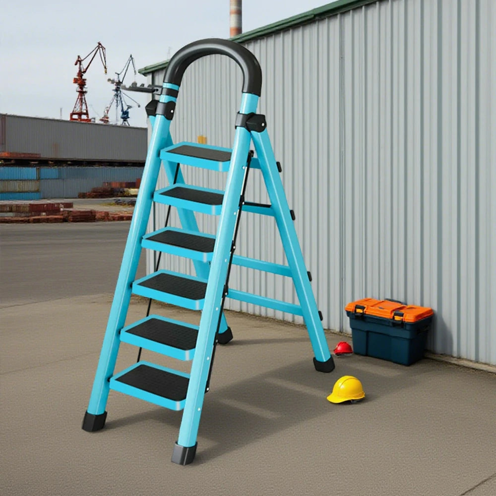 GROVIA 4/5/6 Step Carbon Alloy Steel Folding Ladder, Extra-Wide 27cm Pedals, Tool Tray, Anti-Slip Feet, Heavy-Duty Design - Blue