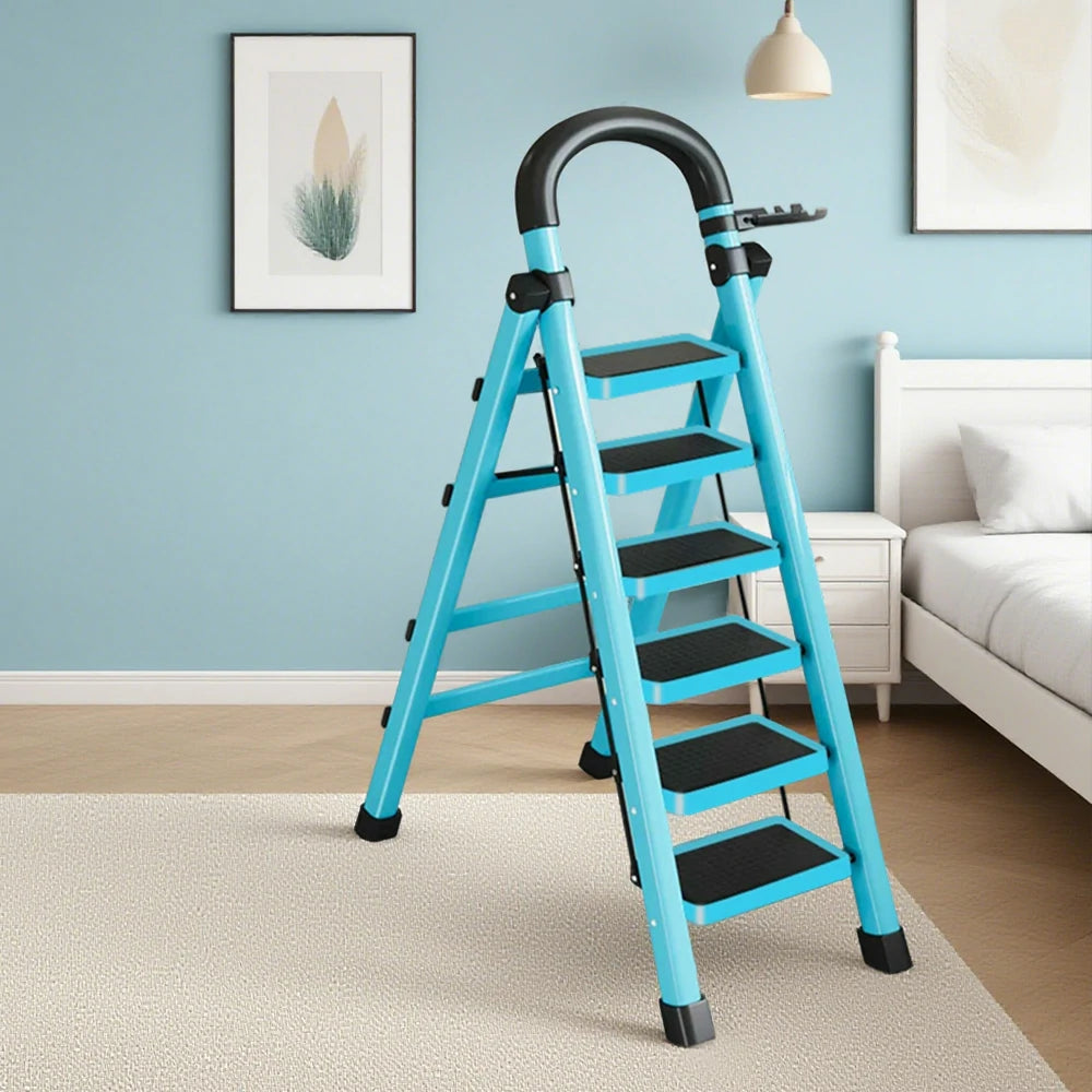 GROVIA 4/5/6 Step Carbon Alloy Steel Folding Ladder, Extra-Wide 27cm Pedals, Tool Tray, Anti-Slip Feet, Heavy-Duty Design - Blue